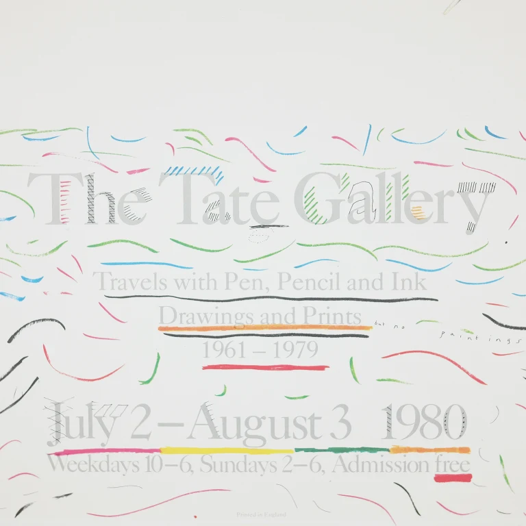 Detail for David Hockney "Travels with Pen, Pencil and Ink: Drawings and Prints 1961-1979" at The Tate Gallery Exhibition Poster, 1980 (2 of 3)