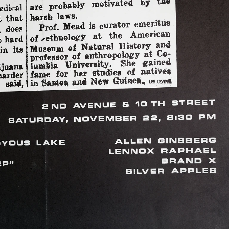 Detail for Release 1: Benefit for John Giorno Defense Fund Margaret Mead Legal Pot: Yvonne Rainer, Andy Warhol, Allen Ginsberg, Silver Apples Poster, 1969 (3 of 5)