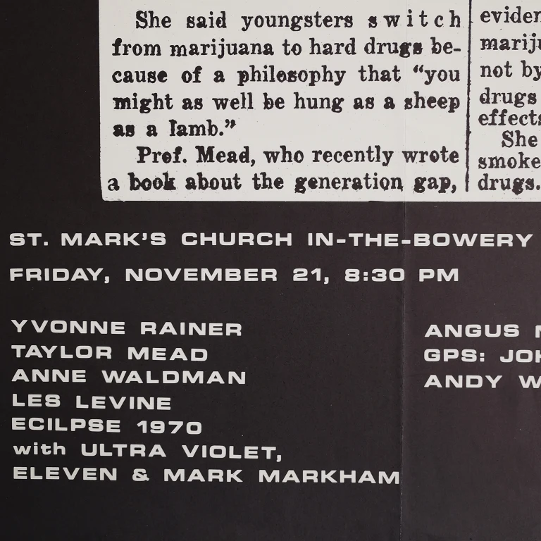 Detail for Release 1: Benefit for John Giorno Defense Fund Margaret Mead Legal Pot: Yvonne Rainer, Andy Warhol, Allen Ginsberg, Silver Apples Poster, 1969 (5 of 5)