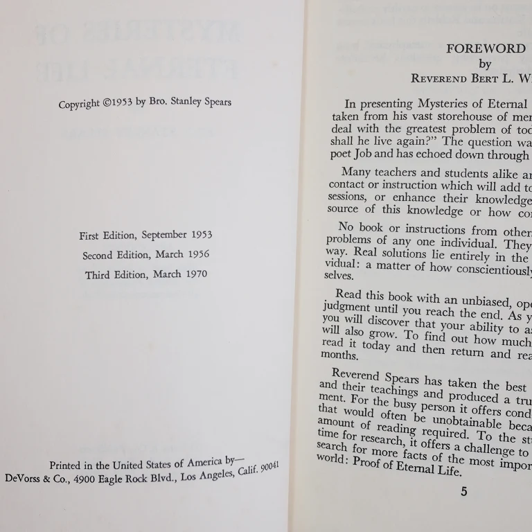 Detail for "Mysteries of Eternal Life" Paperback Book by Bro. Stanley Spears, 1970 (2 of 5)