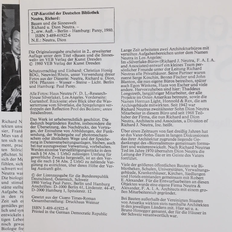 Detail for "Richard und Dion Neutra: Bauen und die Sinneswelt" First German Edition Hardcover book by Paul Parey, 1980 (2 of 6)