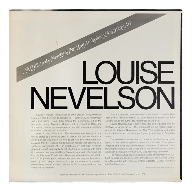 Detail for "Louise Nevelson: An Interview With Arnold Glimcher" for The Archives of American Art - LP, 1973 (2 of 3)