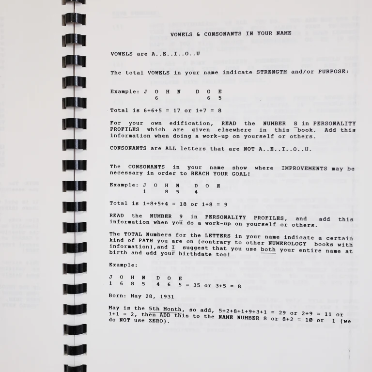 Detail for "Number Talk" Self Published Comb-bound Numerology Book by Jacki Mari, 1990 (5 of 7)