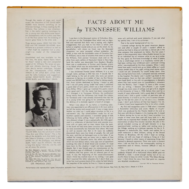 Detail for "Reading From The Glass Menagerie, The Yellow Bird And Five Poems" by Tennessee Williams - LP, 1960 (2 of 3)