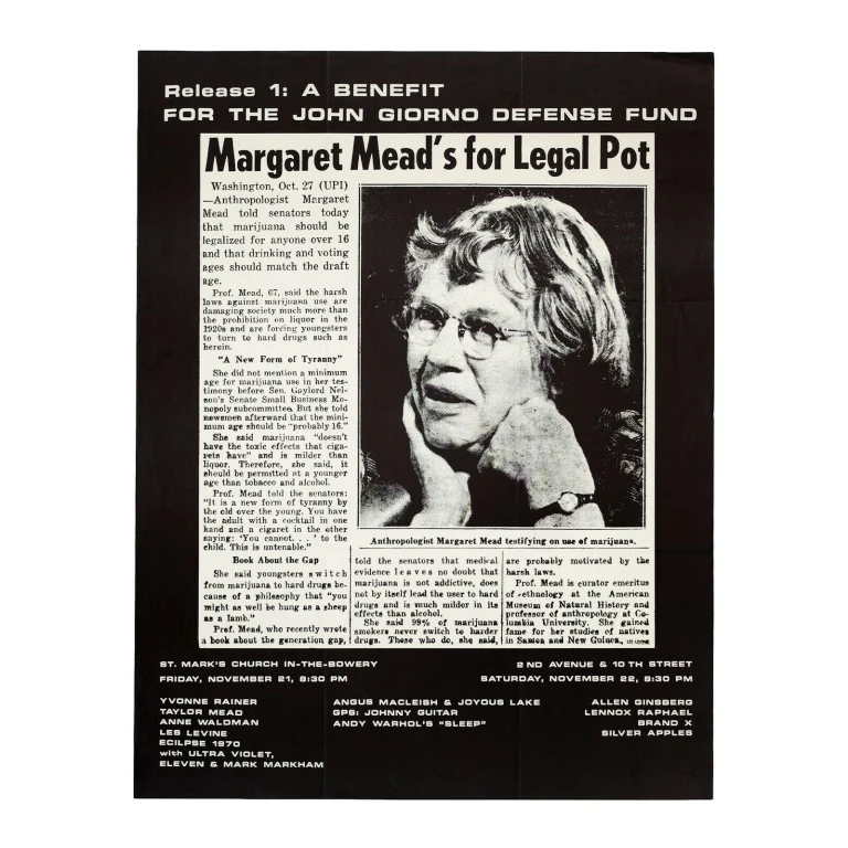 Detail for Release 1: Benefit for John Giorno Defense Fund Margaret Mead Legal Pot: Yvonne Rainer, Andy Warhol, Allen Ginsberg, Silver Apples Poster, 1969 (1 of 5)